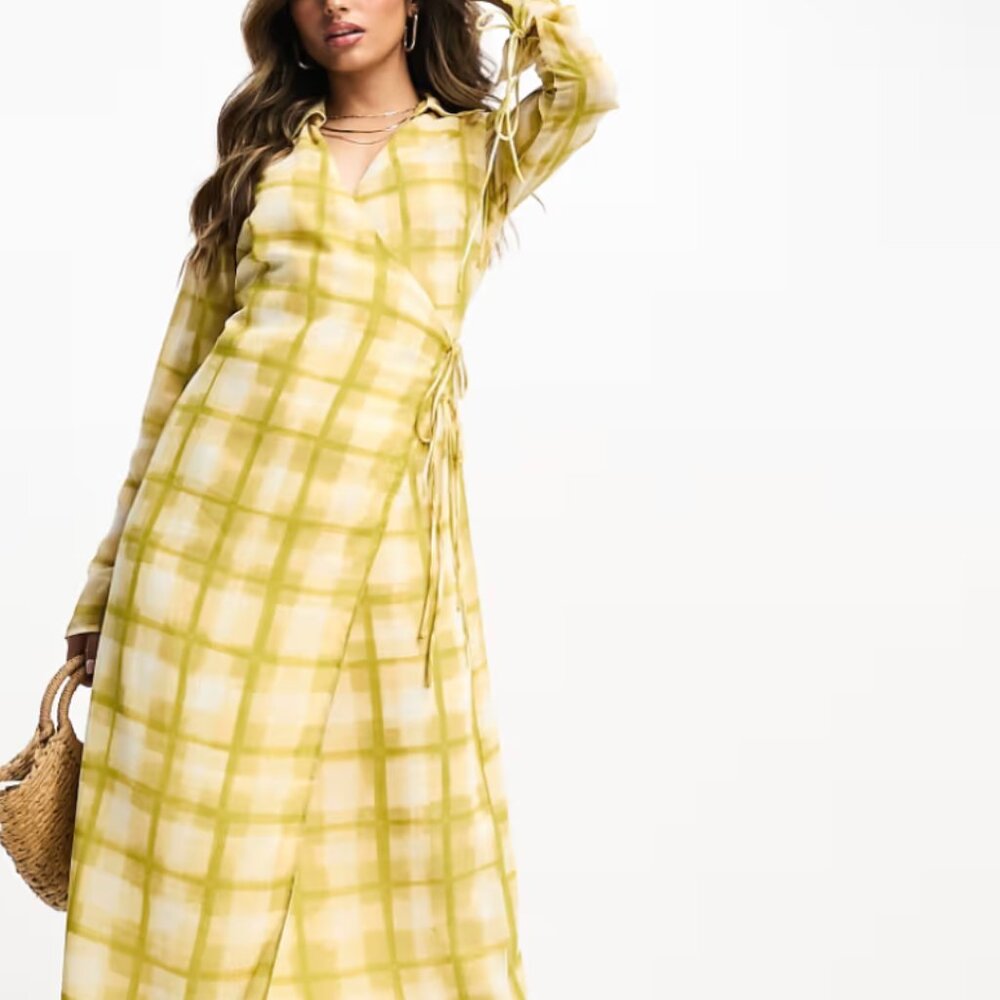 Asos Yellow Plaid Wrap Maxi Dress Long Sleeve